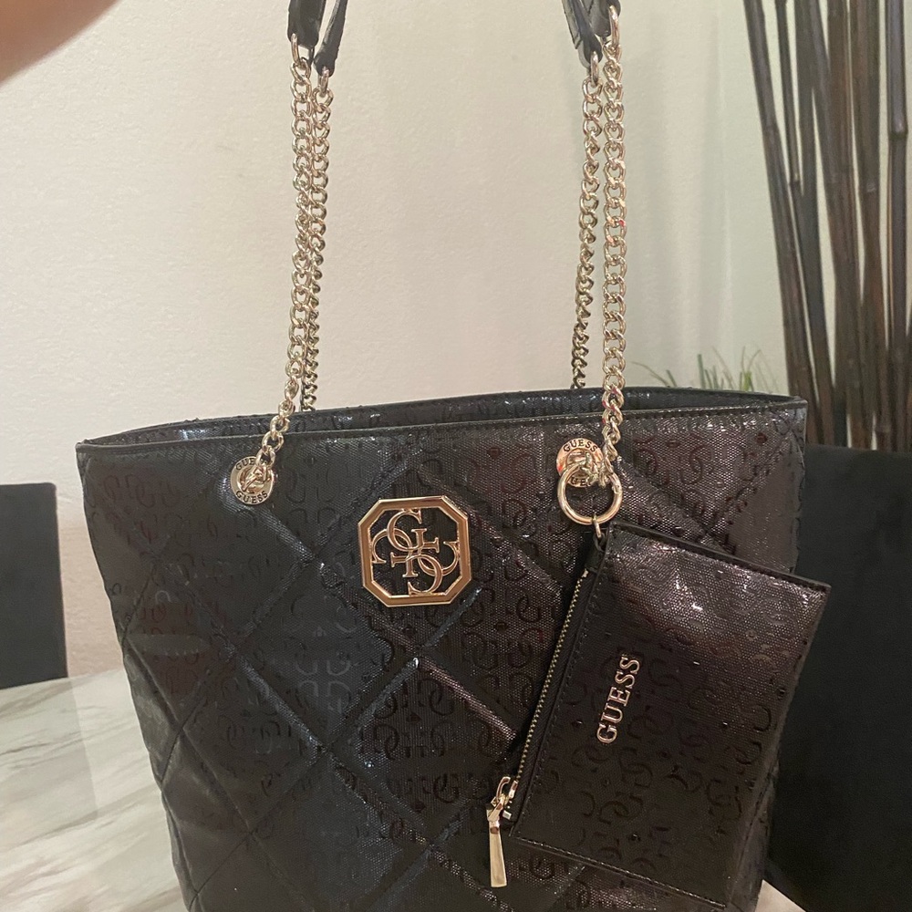 Guess Silver and Black Quilted Tote Bag